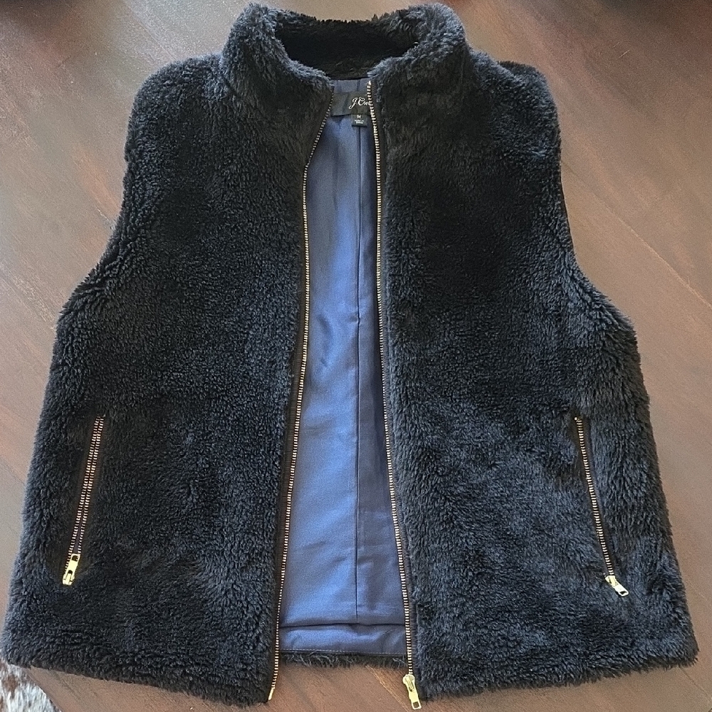 J. Crew Black Fuzzy Vest with Gold Accents
